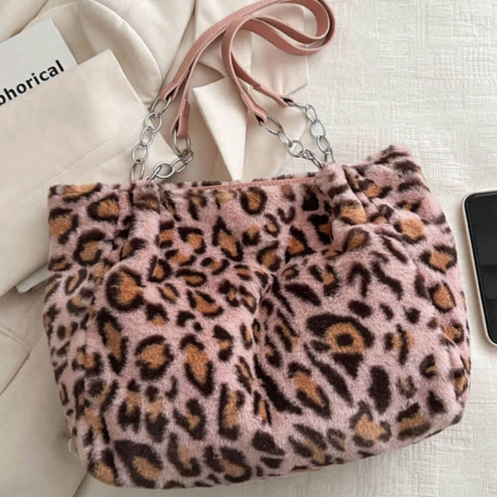 Pink Chic Faux Fur Leopard Shoulder Bag